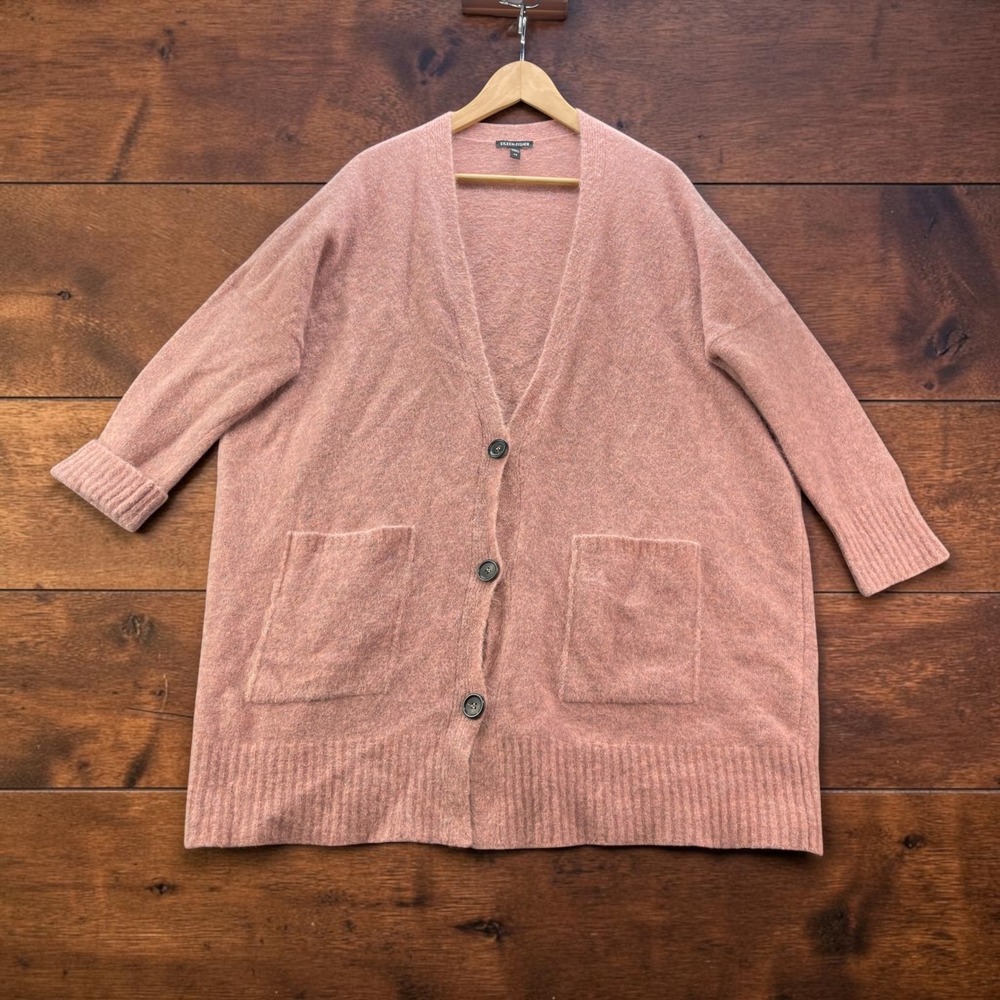 Eileen Fisher Womens Large Mohair Wool Blend Boxy V-Neck Cardigan Pink Sweater